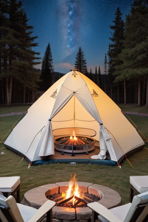 8k,Extremely detailed, masterpiece,High resolution,Highest quality,Increase the resolution,Cinema Lighting,Different space，Ultra Wide Angle，camp，Pop-up tent，Simple fire pit，small fire，canning，vision，1 girl，Milky Way