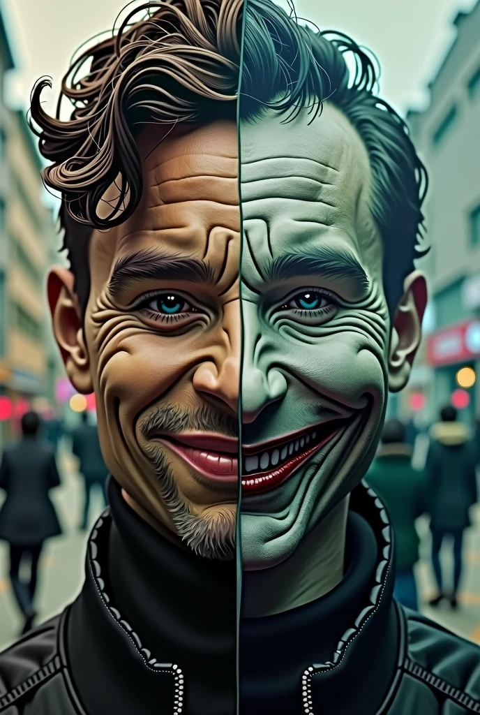 center image: A close-up of a person split in half. On one side, the person is wearing a social mask (Grinning, fitting the pattern) and the other lado, without mask, with a hideous expression with a macabre smile. This symbolizes the duality between following social norms and being authentic..

fund: A simple background, half and half, where on one side there is an urban environment with people in groups (representing society), and the other, a more solitary or introspective scenario (like a peaceful landscape, symbolizing the search for autonomy).