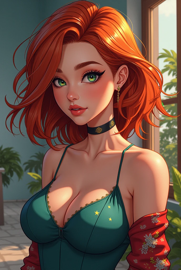 (high-level image quality), (high quality), (high resolution), (detailed), (masterpiece), beautiful woman, ((caucasian)), green eyes, red hair, short hair, dark red lipstick, busty, slender body, Detailed eyes, perfect eyes, Detailed face, portrait, backyard, black bikini top, neck chain, looking to side