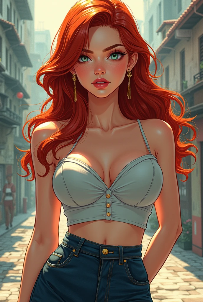 Girl of approximately 20 years old, Redhead with Chinese and Russian roots, eyes between blue and green, well-built build with a large bust, thin waist and wide hips, height of 1.58 meters, in the style of manhua or webcomics manhwa