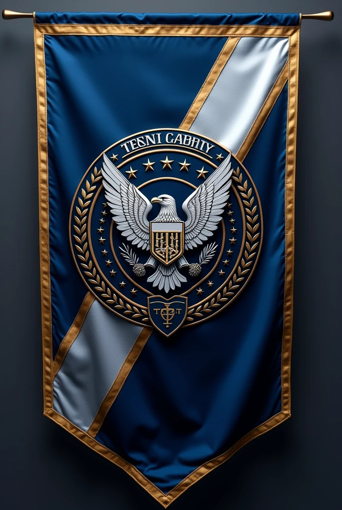 flag:

Flag Design Description:
Overall Shape: The flag is rectangular, with proportions of 3:2, ensuring that it’s visually balanced and suitable for both large displays and smaller representations.

Background Colors: The flag features a deep navy blue background, symbolizing stability and trust. A bold diagonal stripe runs from the top left to the bottom right, in a gradient from metallic silver to platinum, representing progress and cutting-edge technology.

Borders: The flag is bordered by a double trim. The inner border is a rich gold, symbolizing wealth and prosperity, while the outer border is a thin black line, adding a touch of formality and sophistication.

Corporate Emblem Placement: At the center of the flag is the corporate emblem. It is encased within an intricate circular frame, designed in gold and silver intertwining leaves and gears, symbolizing the fusion of nature and industry, growth, and precision.

Corporate Emblem Design:
Central Symbol: At the heart of the emblem is a stylized shield, divided into four quadrants:

Top Left Quadrant: A powerful eagle with its wings spread wide, symbolizing strength and vision.
Top Right Quadrant: An intricate gear and hammer crossed, representing industrial prowess and hard work.
Bottom Left Quadrant: A world globe with a digital grid overlay, symbolizing global reach and technological advancement.
Bottom Right Quadrant: A laurel wreath encircling a torch, signifying victory, honor, and enlightenment.
Surrounding Elements: Encircling the shield are twelve stars, each representing the core values of the corporation, evenly spaced within the circular frame.

Motto Banner: Below the emblem, a flowing banner in platinum color displays the company’s motto in an elegant serif font. The text is in black, providing a sharp contrast and ensuring legibility.

Additional Details: Subtle, ornate filigree patterns in silver weave through the background behind the emblem, adding depth and texture to the design without ove