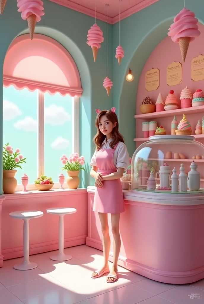 Ice cream shop in pink and light blue tones where the decoration is like a magical ice cream shop and a realistic woman is the one who serves you, please