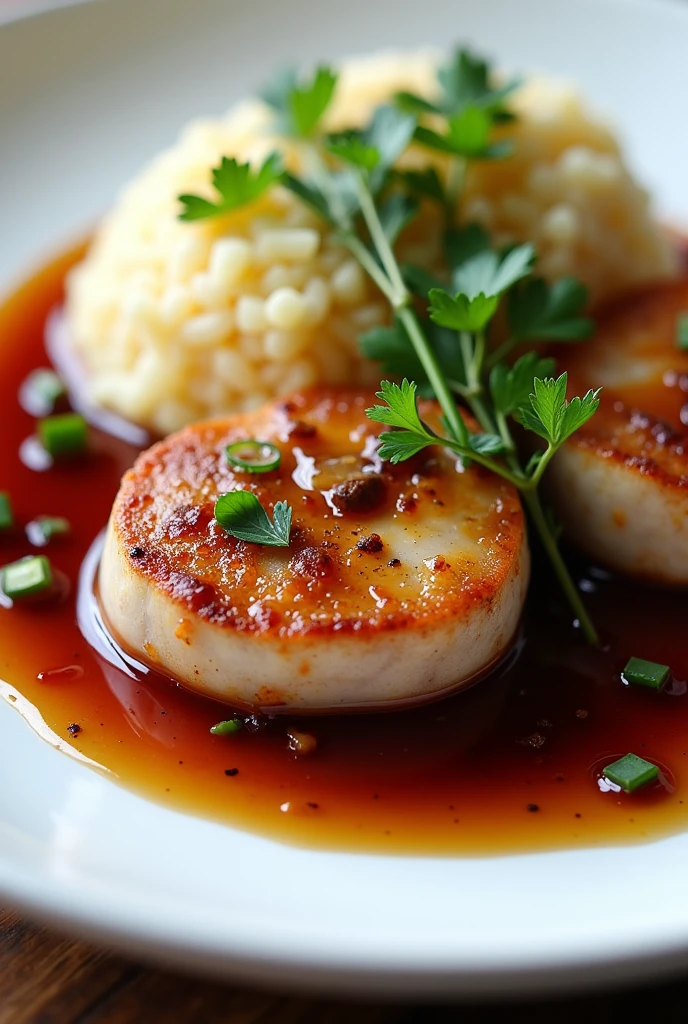 Please, Create as realistic an image as possible of an elegant dish showing golden and juicy medallions of fine pork loin, bathed in a dark red or bright brown wine sauce. The plate should be white or a neutral color to highlight the colors of the food.. Includes accompaniments such as mashed potatoes, steamed vegetables or rice, placed on one side of the spine. Decorate with fresh parsley or chopped green onion and, If possible, a few sprigs of rosemary or thyme. Add a few extra drops of sauce around the plate for a sophisticated finish and make sure any visible bits of onion or mushroom in the sauce are clearly visible for an authentic presentation.."