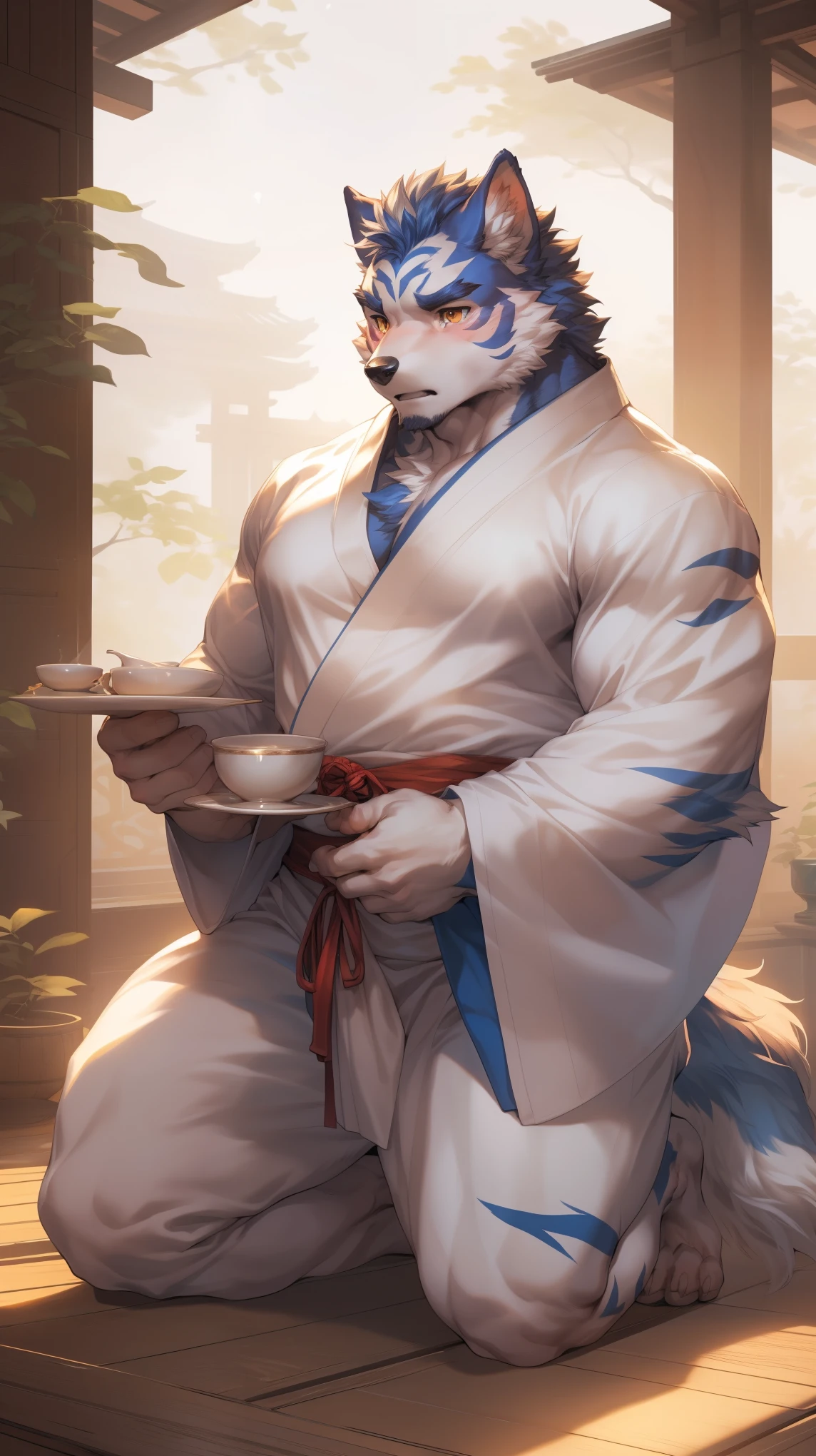 (By Empty Ghost, From thebigslick, By Dark Gem, Will chase), Keyuan Building (Onmyoji Daisenji Temple), High quality photos, Perfect anatomical structure, Anthropomorphic white wolf, male, 30 years old, (wolf print), Thick eyebrows, short hair, Strong body, Fat, White pectoralis major, blue stripes, White Kimono, Pine tree pattern embellishment, Small bump, Pink milk clusters, Kneeling on the wooden floor of the courtyard, a cup of tea, Sad expression, Tears, blush, Golden pupils, Look up at the audience, Clear facial features, Strong, solitary, Bottom view, Full body portrait, early morning, Foggy atmosphere, In the classical garden, White pebbles can be seen everywhere, wild plants, (By Empty Ghost, From wolf20, masterpiece, high quality, high resolution, 8k)
