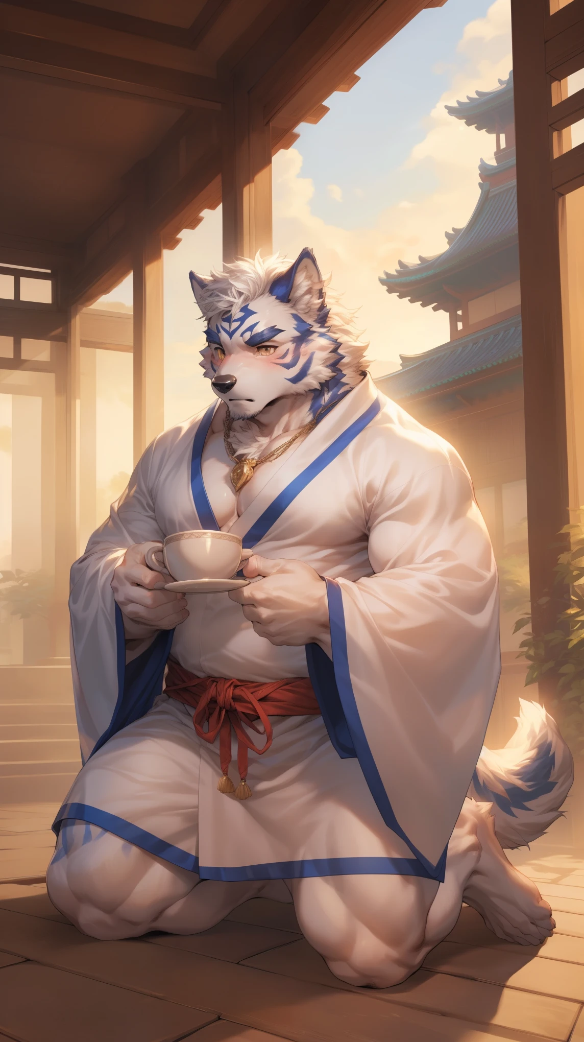 (By Empty Ghost, From thebigslick, By Dark Gem, Will chase), Keyuan Building (Onmyoji Daisenji Temple), High quality photos, Perfect anatomical structure, Anthropomorphic white wolf, male, 30 years old, (wolf print), Thick eyebrows, short hair, Strong body, Fat, White pectoralis major, blue stripes, White Kimono, Pine tree pattern embellishment, Small bump, Pink milk clusters, Kneeling on the wooden floor of the courtyard, a cup of tea, Sad expression, Tears, blush, Golden pupils, Look up at the audience, Clear facial features, Strong, solitary, Bottom view, Full body portrait, early morning, Foggy atmosphere, In the classical garden, White pebbles can be seen everywhere, wild plants, (By Empty Ghost, From wolf20, masterpiece, high quality, high resolution, 8k)