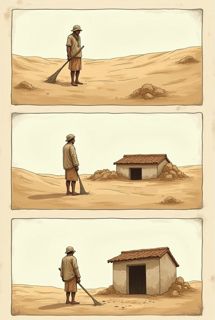 A comic where the first scene is an empty sand field, in the second a Portuguese man with simple and torn clothes working in this field, where in the same field there will be built a very humble tenement and in the third the same man counting money. But create it as a more relaxed art without too many details.