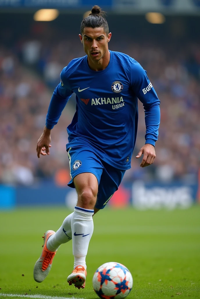Cristiano Ronaldo in a Chelsea shirt performing on the pitch with his family