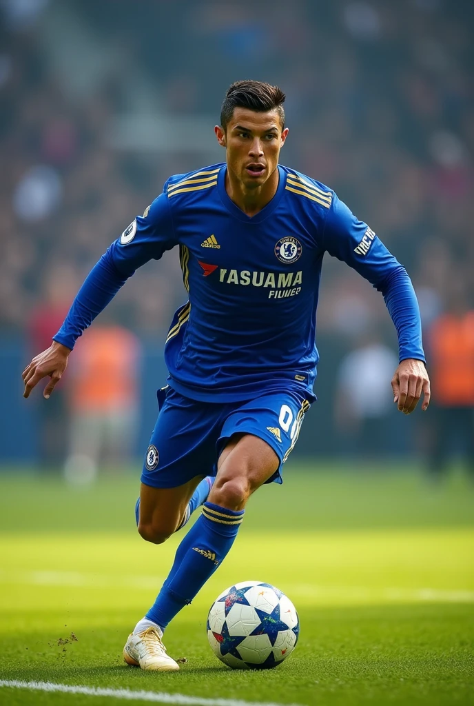 Cristiano Ronaldo in a Chelsea shirt performing on the pitch with his family 