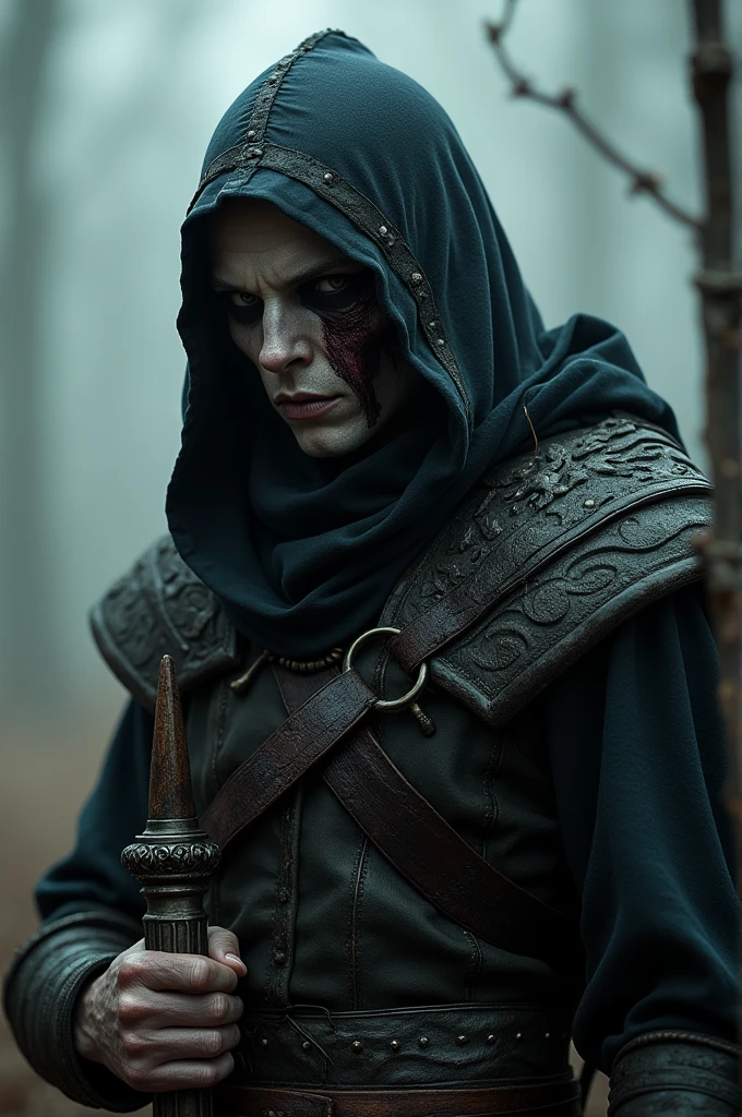 a dark elf with a burned face and hood 