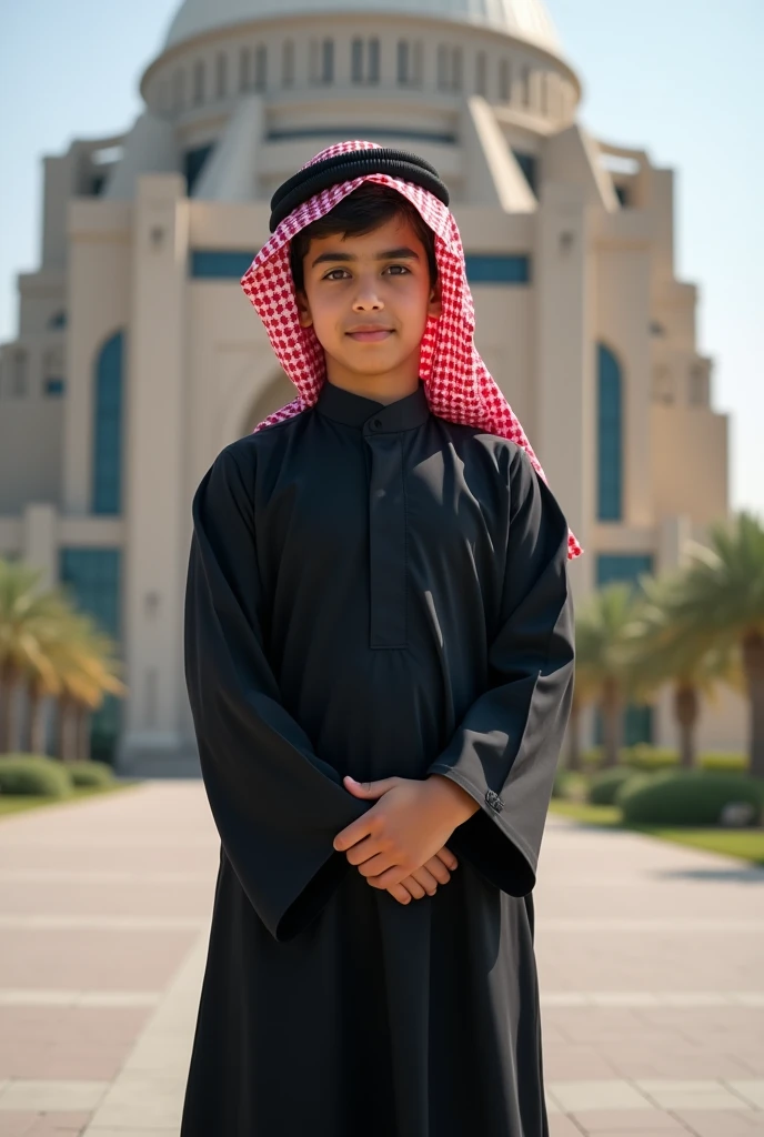 /imagine a 16years old boy wearing black kandura and red sheila in front of building in real life folding his hands