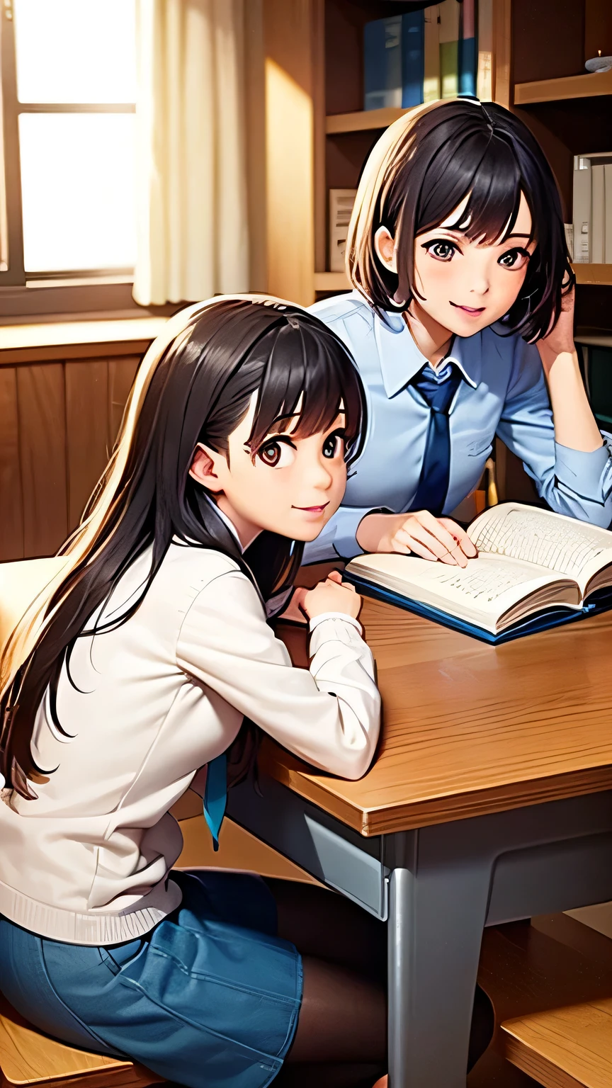 Create an anime-style image set in a bright and cozy library. The scene features two high school students, a boy and a girl, sitting side by side at a wooden desk. The boy is wearing a cutter shirt with a tie and pants, while the girl is dressed in a sailor-style uniform with a skirt. They are sitting side by side, with open books spread out on the desk in front of them, studying together. Both students are holding pens, writing something in their notebooks while looking at the books on the desk. They are smiling and enjoying each other's company. The scene is viewed from the front, showing their faces and the warm, soft light illuminating the space, creating a cheerful and pleasant atmosphere. In the background, large windows reveal a clear summer sky with vibrant blue colors, enhancing the fresh and lively ambiance. The bookshelves filled with books further emphasize the library setting.