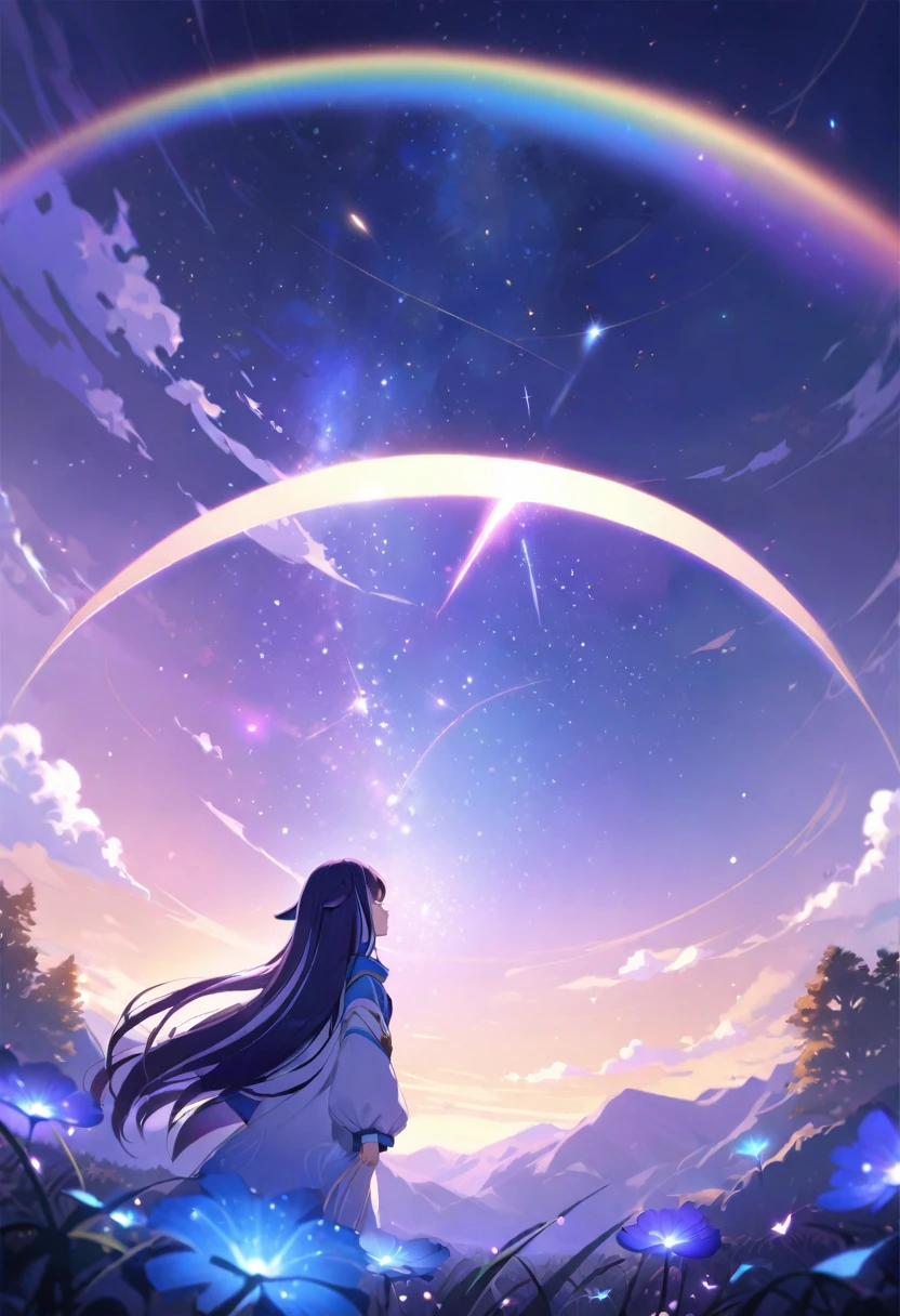 (((shylily))),Vast landscape photo, (viewed from below, the sky is above and the open field is below), a girl standing on a flower field looking up, (full moon: 1.2), (meteor: 0.9), (nebula: 1.3), distant mountains , Trees BREAK Crafting Art, (Warm Light: 1.2), (Fireflies: 1.2), Lights, Lots of Purple and Orange, Intricate Details, Volumetric Lighting, Realism BREAK (Masterpiece: 1.2), (Best Quality), 4k, Ultra-Detailed, (Dynamic Composition: 1.4), Very Detailed, Colorful Details, (Rainbow Colors: 1.2), (Glow Lighting, Atmospheric Lighting), Dreamy, Magical, (Solo: 1.2)