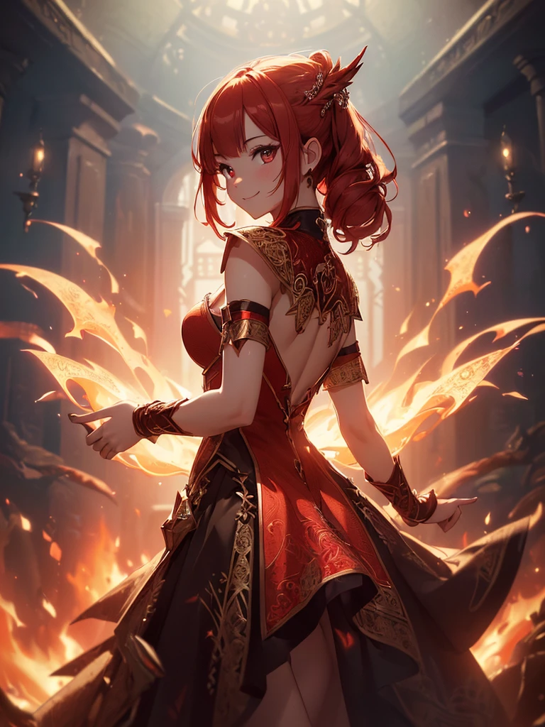 (((best quality, sharp image, clear image, cinematic lighting, 8k resolution, masterpiece, ultra detailed, intricate))) Girl, sorcerer, cute, intricate dress, smiling, fiery red, ((intricate background)), (rune frame), dimension, ((shot from behind)), fire sigils, chaotic background.