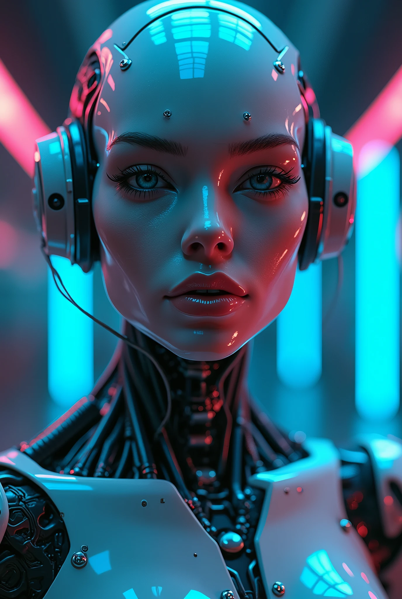 front view (3), a sexy female robot,glossy metallic body, glowing blue circuitry, beautiful detailed eyes,beautiful detailed lips,extremely detailed face and skin,long eyelashes,seductive pose,intricate mechanical details,futuristic sci-fi setting,dramatic lighting,cinematic composition,(best quality,4k,8k,highres,masterpiece:1.2),ultra-detailed,(realistic,photorealistic,photo-realistic:1.37),highly detailed, cinematic, dramatic lighting,vibrant neon colors