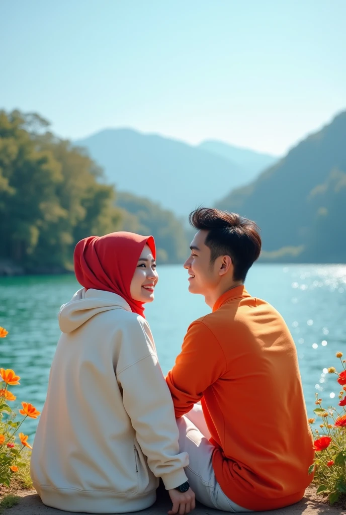 Stunning lakeside views under clear blue skies. A beautiful Korean girl, white, with a well-groomed face, with a red and orange hoodie, elegant, white jeans, and a handsome Korean man with white skin, with a red and orange shirt and white jeans are sitting intimately. Looking at the camera, the sparkling lake, lush trees, and distant mountains form the background. The woman wears a red and orange hijab, and the man wears a cool black watch, colorful flowers on the left and right, adding a romantic touch. The essence of happiness, cheerfulness and joy is captured in this image. original photo,
