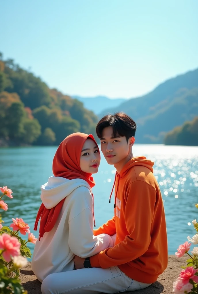 Stunning lakeside views under clear blue skies. A beautiful Korean girl, white, with a well-groomed face, with a red and orange hoodie, elegant, white jeans, and a handsome Korean man with white skin, with a red and orange shirt and white jeans are sitting intimately. Looking at the camera, the sparkling lake, lush trees, and distant mountains form the background. The woman wears a red and orange hijab, and the man wears a cool black watch, colorful flowers on the left and right, adding a romantic touch. The essence of happiness, cheerfulness and joy is captured in this image. original photo,