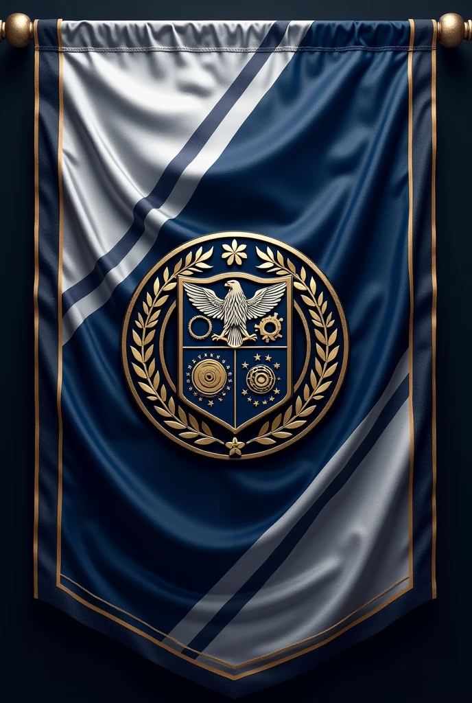 flag:
Flag Design Description:
Overall Shape: The flag is rectangular, with proportions of 3:2, ensuring that it’s visually balanced and suitable for both large displays and smaller representations.
Background Colors: The flag features a deep navy blue background, symbolizing stability and trust. A bold diagonal stripe runs from the top left to the bottom right, in a gradient from metallic silver to platinum, representing progress and cutting-edge technology.
Borders: The flag is bordered by a double trim. The inner border is a rich gold, symbolizing wealth and prosperity, while the outer border is a thin black line, adding a touch of formality and sophistication.
Corporate Emblem Placement: At the center of the flag is the corporate emblem. It is encased within an intricate circular frame, designed in gold and silver intertwining leaves and gears, symbolizing the fusion of nature and industry, growth, and precision.
Corporate Emblem Design:
Central Symbol: At the heart of the emblem is a stylized shield, divided into four quadrants:
Top Left Quadrant: A powerful eagle with its wings spread wide, symbolizing strength and vision.
Top Right Quadrant: An intricate gear and hammer crossed, representing industrial prowess and hard work.
Bottom Left Quadrant: A world globe with a digital grid overlay, symbolizing global reach and technological advancement.
Bottom Right Quadrant: A laurel wreath encircling a torch, signifying victory, honor, and enlightenment.
Surrounding Elements: Encircling the shield are twelve stars, each representing the core values of the corporation, evenly spaced within the circular frame.
Motto Banner: Below the emblem, a flowing banner in platinum color displays the company’s motto in an elegant serif font. The text is in black, providing a sharp contrast and ensuring legibility.
Additional Details: Subtle, ornate filigree patterns in silver weave through the background behind the emblem, adding depth and texture to the design without ove