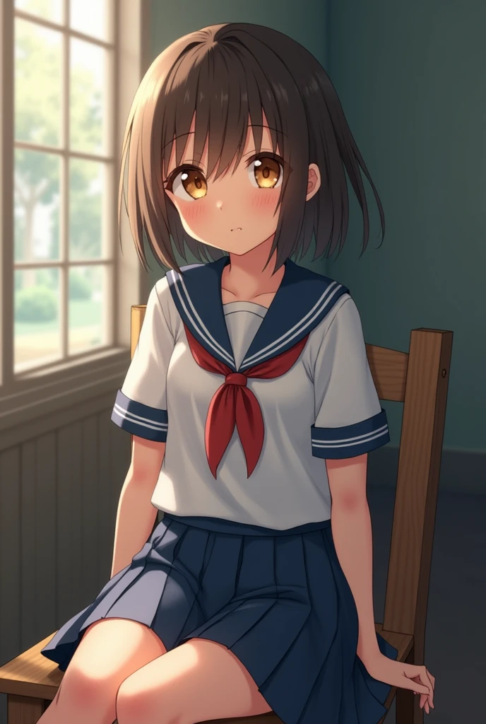 Cute girl in school uniform, sitting on a chair