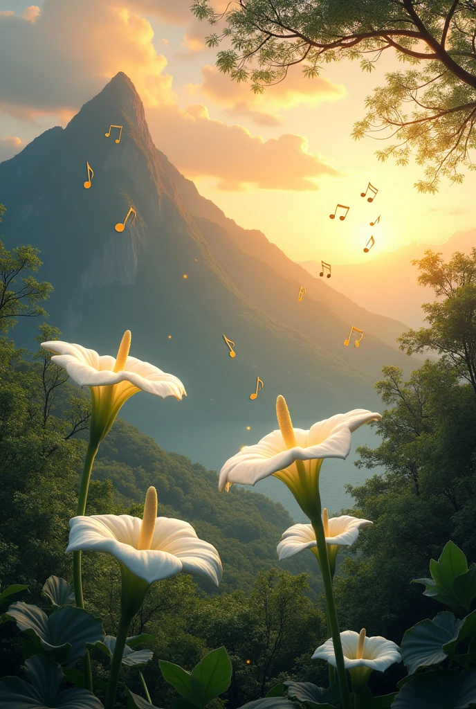 Design an advertising poster Central scene : A mountain in the background, represented with soft and natural tones, wrapped in a warm sunset with orange and gold colors. The vegetation surrounding the volcano is composed of white flowers of Brugmansia arborea that stand out with their delicate and elegant petals.. Additional Details : Add musical notes floating in the air, integrating harmoniously with the flowers, as if the emerging music of nature itself. The notes should have an ethereal and subtle touch, highlighting in gold or silver to catch attention. Composition : Title "Musical Encounter of the Floridan Artist" On top, with an elegant and slightly curved typography, giving the sensation of musical movement. The graphic elements must maintain a balance between the serenity of the natural environment and the creative energy of the music.. visual style : Look for a style between realistic and artistic, with a finish that combines soft textures and detailed details to capture the cultural and natural essence of the region.