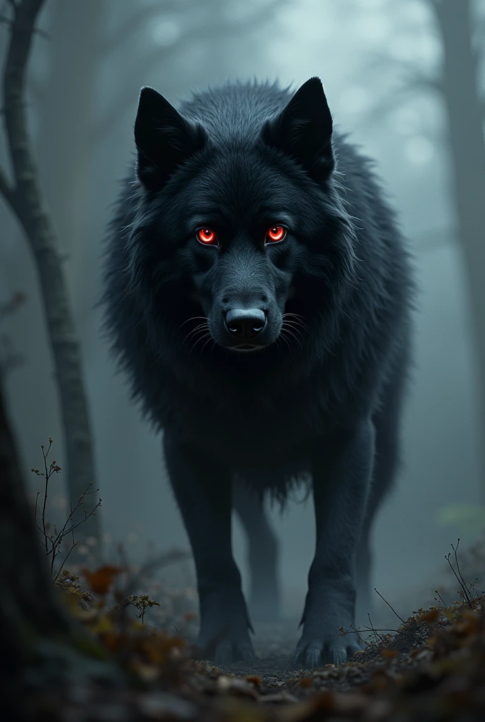 A black dog with red eyes and long fur