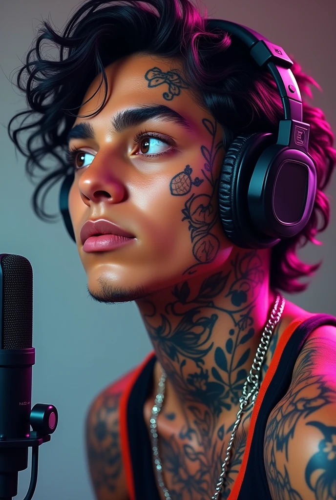 Create an image of a Mexican YouTuber who has tattoos, that he has headphones on his head and is speaking into a podcast microphone, the image that is profile