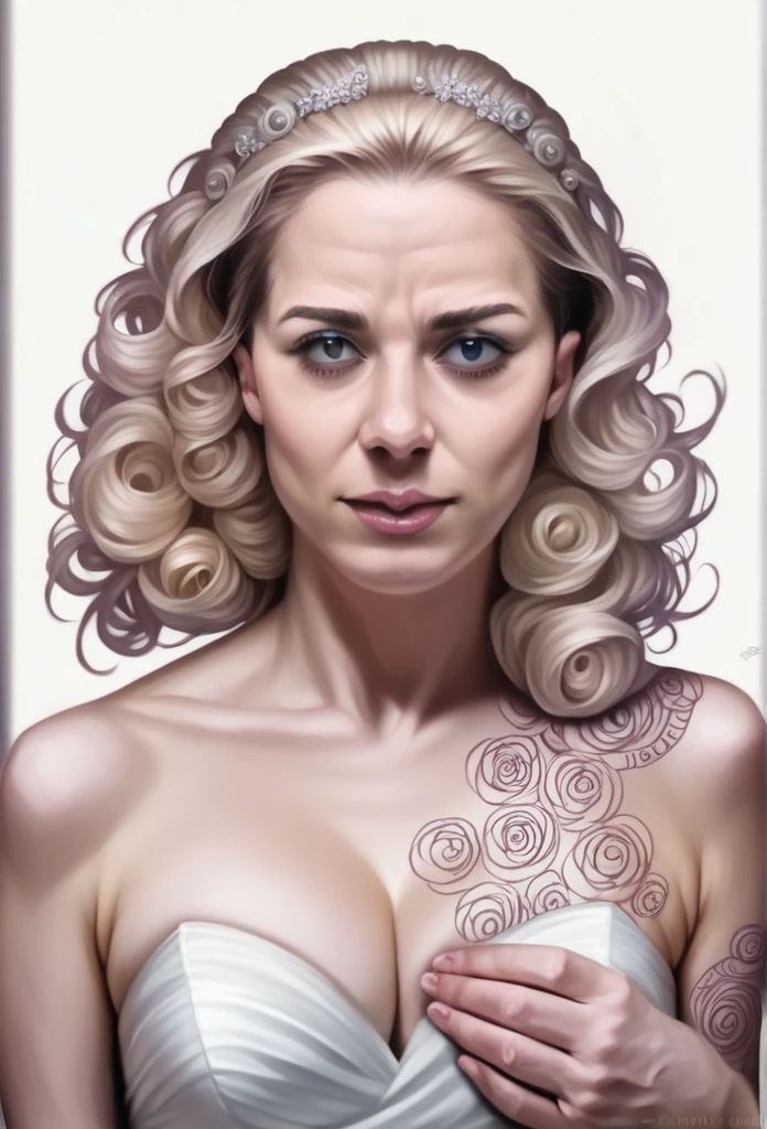 a beautiful heavy metal hardcore bride, cinnamon colored big wavy curly hair covering chest and breasts, blonde strands falling down the sides of the face, fully tattooed, vector logo, white background, (best quality,4k,8k,highres,masterpiece:1.2),ultra-detailed,(realistic,photorealistic,photo-realistic:1.37),digital art, highly detailed, intricate, elegant, graceful, minimal, clean, simple