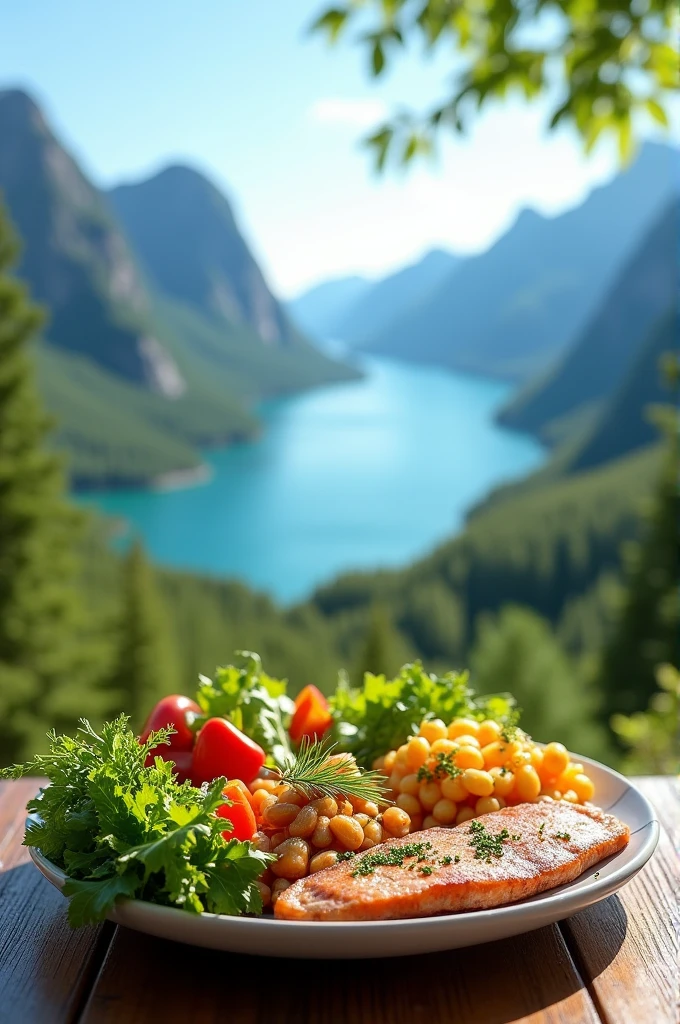 healthy food plate and spectacular views behind 