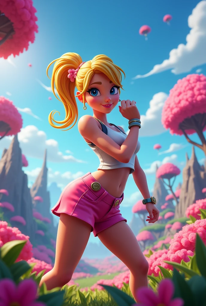 Create a vibrant, cartoonish scene with bold colors and exaggerated features, similar to the art style of Fortnite. Include stylized, action-oriented characters with distinct outfits, futuristic weapons, and an immersive, dynamic environment. The overall atmosphere should be playful, with elements of fantasy and futuristic design, ensuring a balance between realism and stylization. sexy young girl, blond hair, blue eyes, pink short skirt, White shirt, big butt, lean forward, NUDE , naked , masturbate , bending over, backward, show your ass, leaning on a table, squat,naked