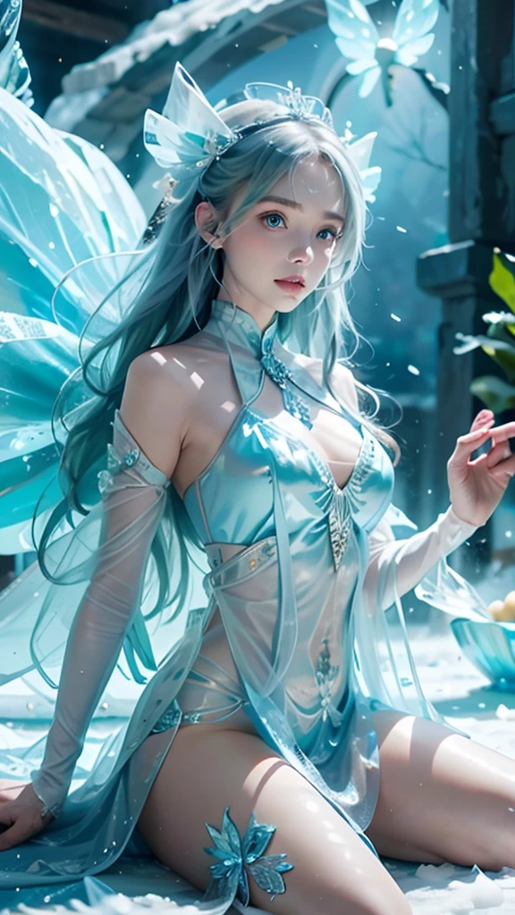 Frost Goddess,Frozen fluid,Ice World,ice,1girl,Translucent clothing,air bubble,blue butterfly,blue eyes,blue nails,breasts,Positive, character on the right, upper body, above knee level,Dynamic pose,bubble,Blue butterfly wings,butterfly wings,crystal,dress,glowing butterfly,long hair,looking at viewer,medium breasts,parted lips,solo,water