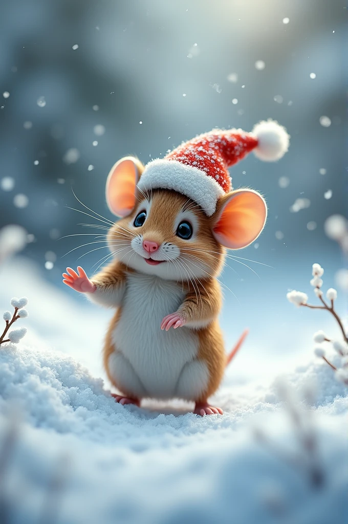 Mouse dancing wearing hat in snow