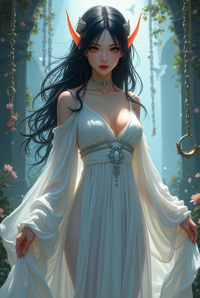 action movie, elegant pose,The Lady of Shadows, a handsome female, big black eyes, Sad look, scarlet lips, pale skin, Long black hair, fluttering in the wind, dark dress with lace in baroque style, Elegant white gloves on your hands, Elegant jewelry on clothes and hair, Standing on a field of roses, night time, night sky, Huge bright moon, Cold moonlight, Eyes of detail, hiquality, Masterpiece