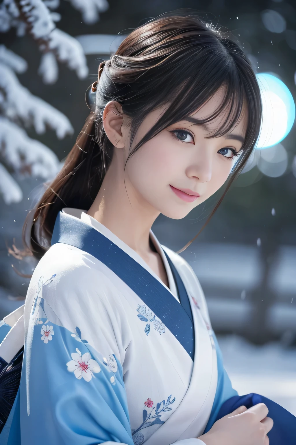 beautiful, Pale and elegant Japanese women, Porcelain skin and gorgeous, Wearing a gorgeous blue kimono, white, silver. she&#39;s long, her dark hair is pulled back into an intricate updo., She&#39;s delicate, Sophisticated features. she is strange, A captivating gaze and a gentle, Elegant attitude.,Creepy Smile,(Browsing Caution),View Users, The background is lit by moonlight.., Snow Scene, Increase your character&#39;s mystique, Otherworldly Beings. she "Snow Princess", A symbol of captivating beauty, force, and hidden depths.