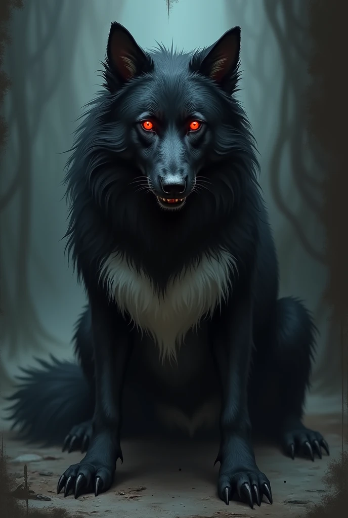 A black dog with red eyes and long fur with a white chest