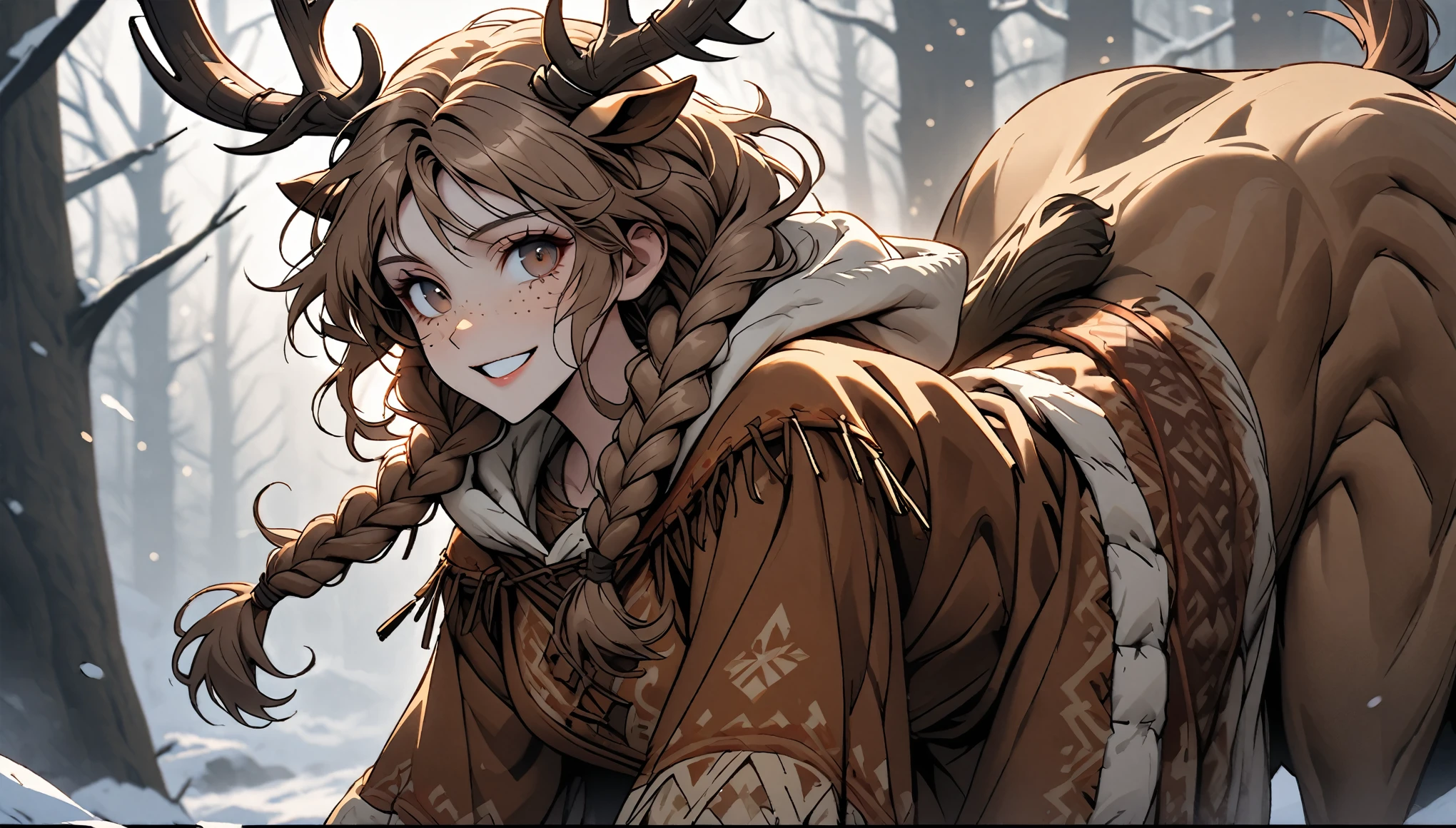Solo, female, close up, long brown hair, wild hair, deer antlers, huge woman, brown eyes, cape and winter clothes, winter, forest, freckles, wide smile, ((deertaur)), villager clothes, medieval, deer body, deer lower body, lugagge, braids, travelling