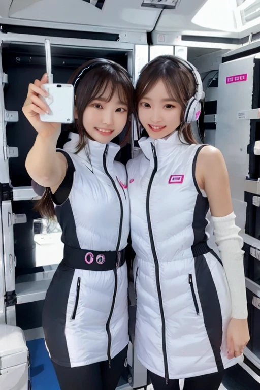 (Masterpiece, high quality), plural, , female students, slim, Flat Chest, Gym locker room, (White panties), White sports bra, navel,headphone,look at viewer,smile,enjoy,(Group selfie), Wide-angle, Soft Light BREAK astrovest,inside space station,futuristic room,