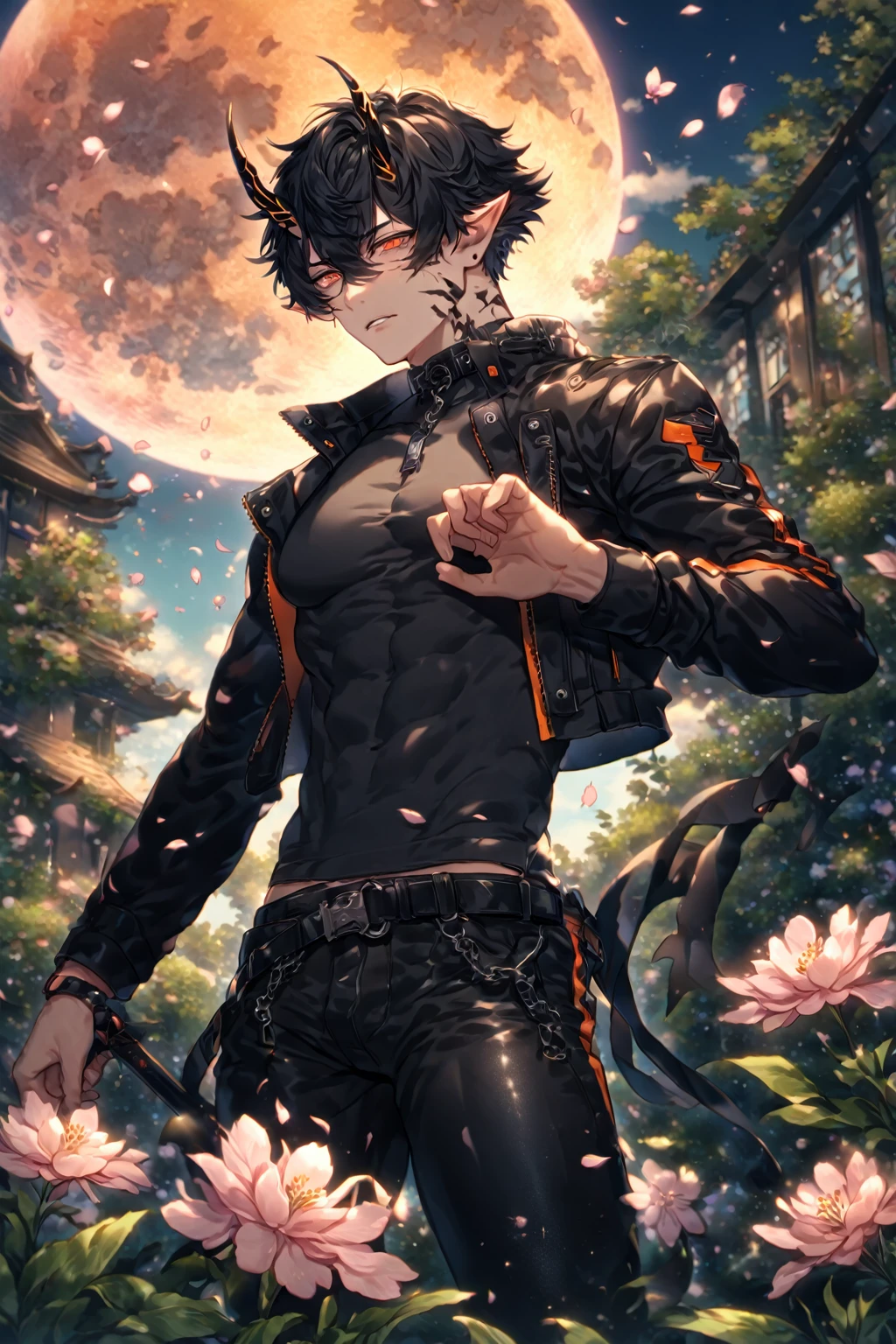absurdres, highres, ultra detailed, HDR) master piece, best quality, extremely detailed, detailed face, detailed eyes, delicated features, Flamebringer, black hair, expressive orange eyes, Arknights, solo, sexy man, handsome, toned, sensual, manly man, black horns, slightly pointed ears, black marks on the face, cropped leather jacket with orange patterns, tight turtleneck shirt, collar, black leather pants, cherry blossoms, garden, pink flowers, fantasy, magical, pink moon, blue sky