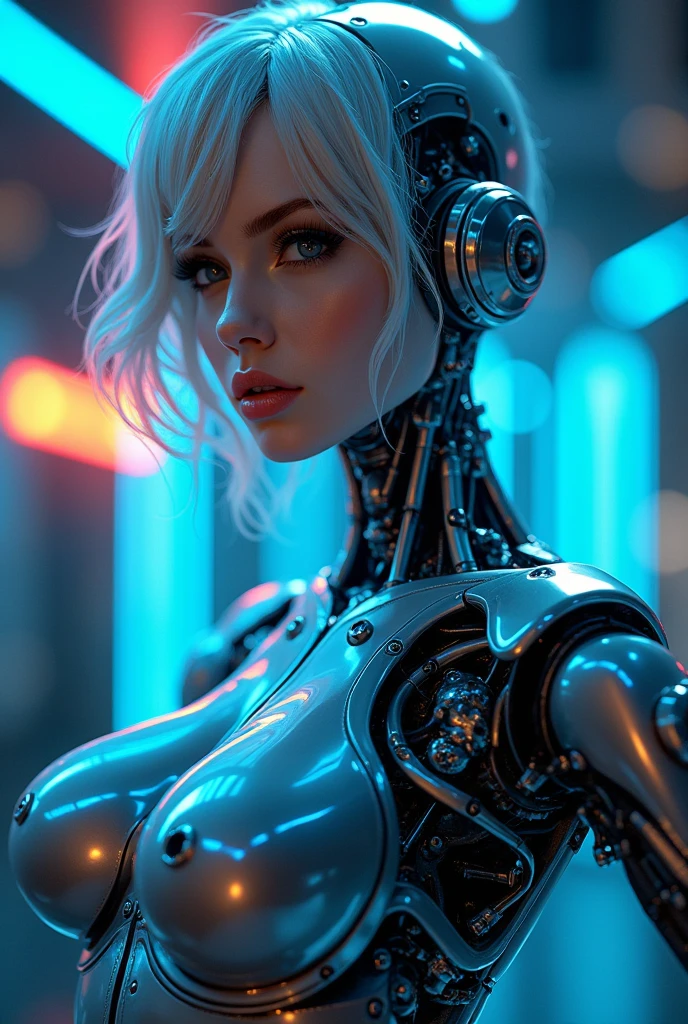 front view (3), a sexy female robot,glossy metallic body, glowing blue circuitry, beautiful detailed eyes,beautiful detailed lips,extremely detailed face and skin,long eyelashes,seductive pose,intricate mechanical details,futuristic sci-fi setting,dramatic lighting,cinematic composition,(best quality,4k,8k,highres,masterpiece:1.2),ultra-detailed,(realistic,photorealistic,photo-realistic:1.37),highly detailed, cinematic, dramatic lighting,vibrant neon colors