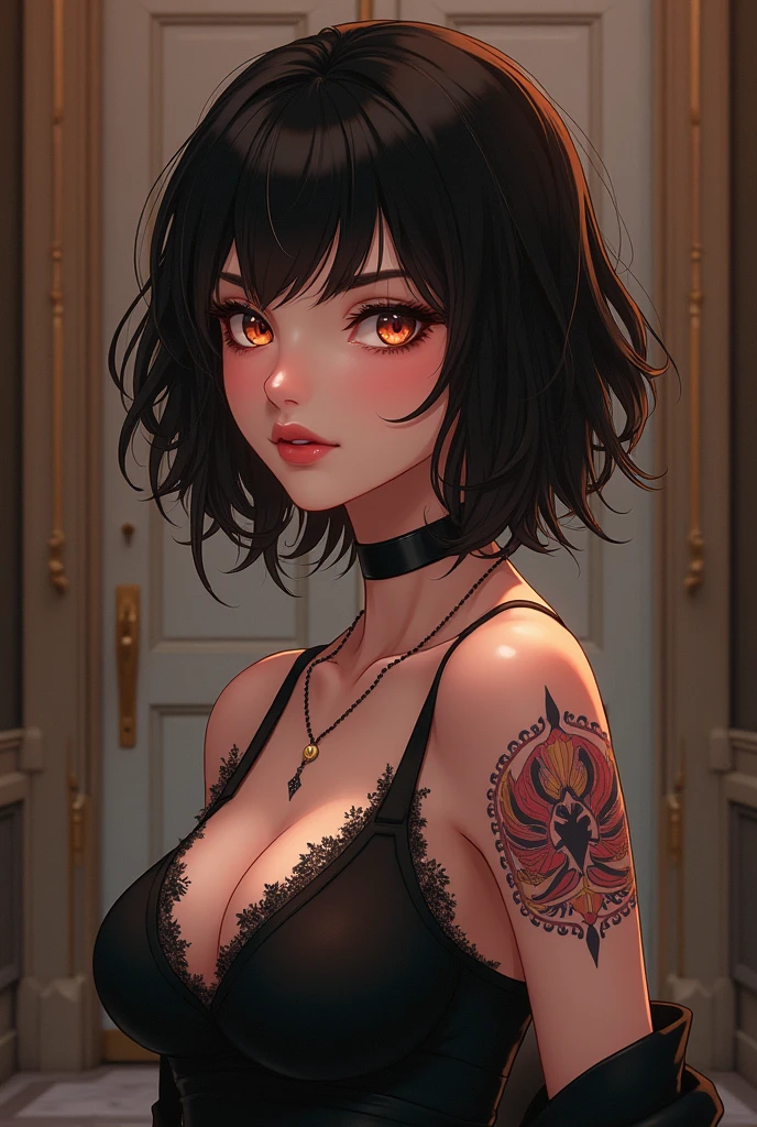 anime style ,Imagine a slender , cool her hair dramatically, creating a dynamic aura around her. Her eyes exude confidence, nice her smile A stunningly captivating image of a young woman with a beautiful face, striking eyes that shine with color, and a tattoo that hints at a rebellious streak. She stands against a classic backdrop, her charming demeanor evident in her nice and shiny hair. The photo exudes elegance and sophistication, with every detail meticulously captured in 4k resolution. The overall composition exudes a sense of high quality, showcasing the subject's captivating beauty in a way that is both timeless and alluring  The lifelike detail and exquisite rendering in this piece elevate it to a work of exceptional quality, drawing viewers in with its remarkable clarity and depth.4k, beautiful face, beautiful eyes, shine color eyes, tattoo bad boy, classic backdrop, short form a far, she has charming , nice hair, shine hair, best photo