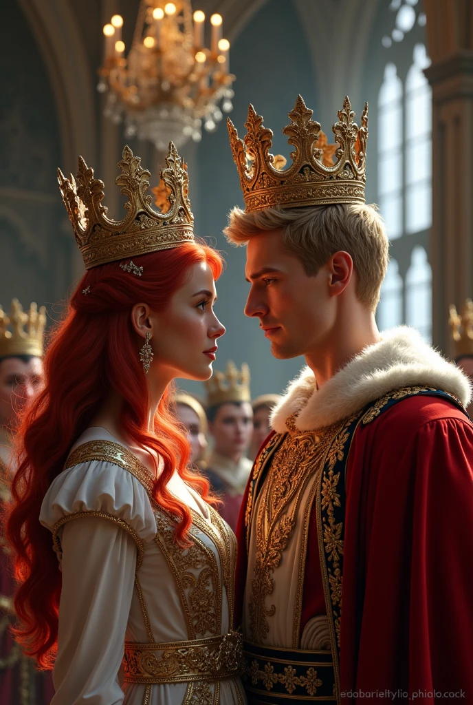 a red-haired girl with long hair, blue eyes and a man a muscular and handsome man with light blue eyes and blond hair, the two being crowned at Westminster Abbey in London