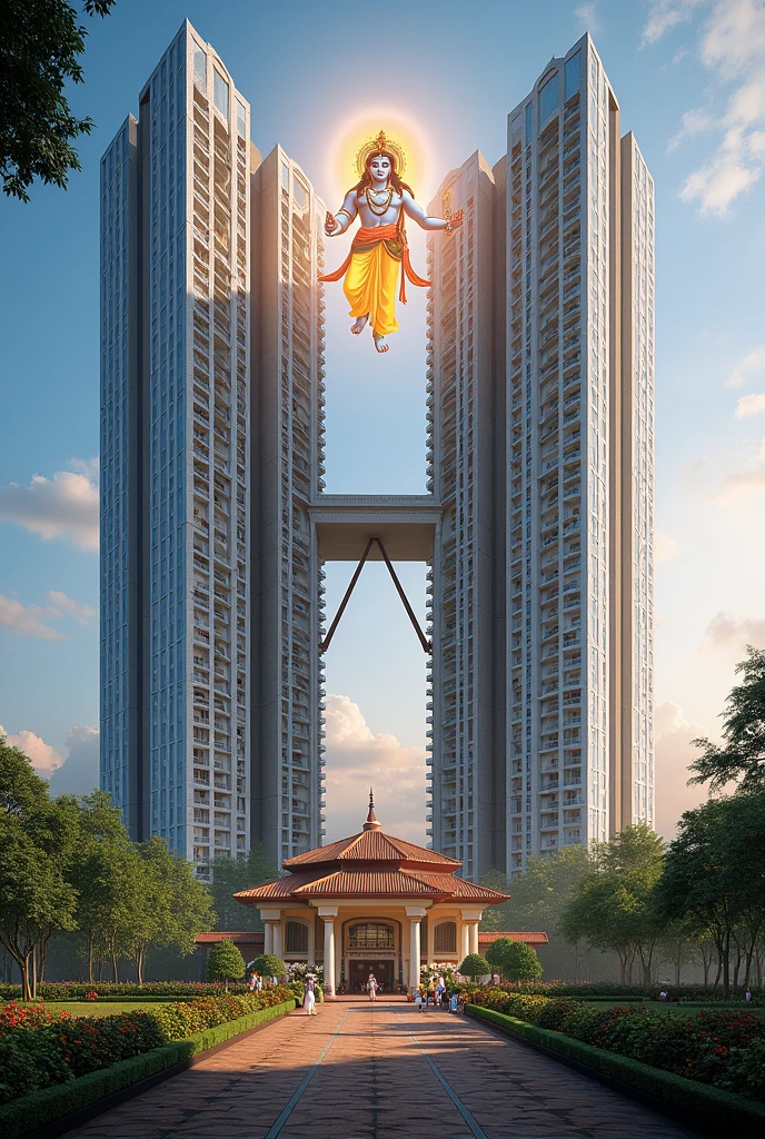 2 28 storey buildings named Krishna Nagar, having lord krishna in the background looking down from top and smiling