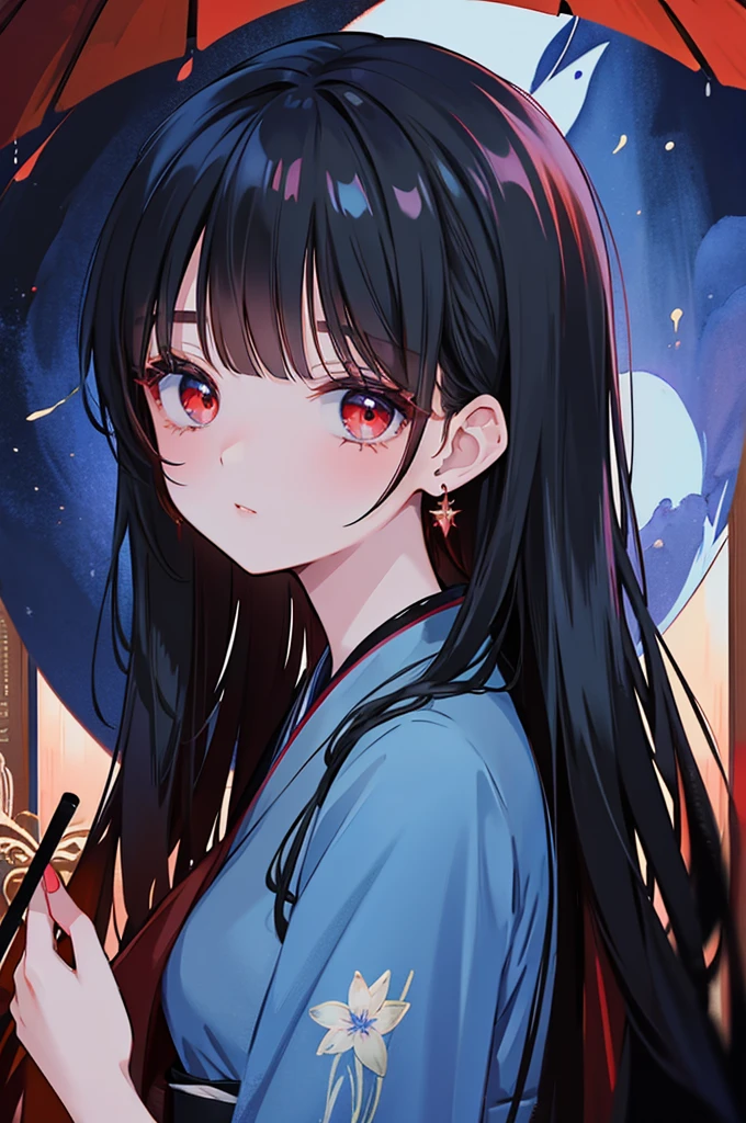 masterpiece, best quality, flower painting, 8k wallpaper, ancient details, illustration, dynamic ink-and-wash painting, great art, great depth, ground photography, the world's most beautiful bamboo forest, a woman under the blue moon (high-end makeup glamorous earrings with red eyes), fingers on her lips, rain, and the woman is looking down at you from above, holding a Japanese umbrella. 