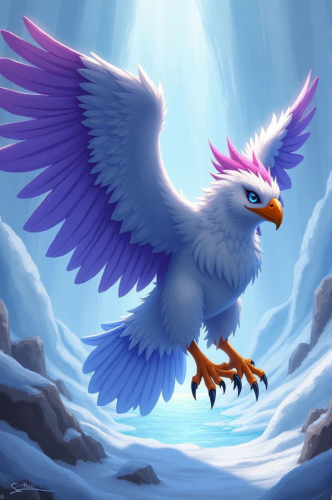 The purple-winged blue-eyed ice hawk has orange talons and a pink crest