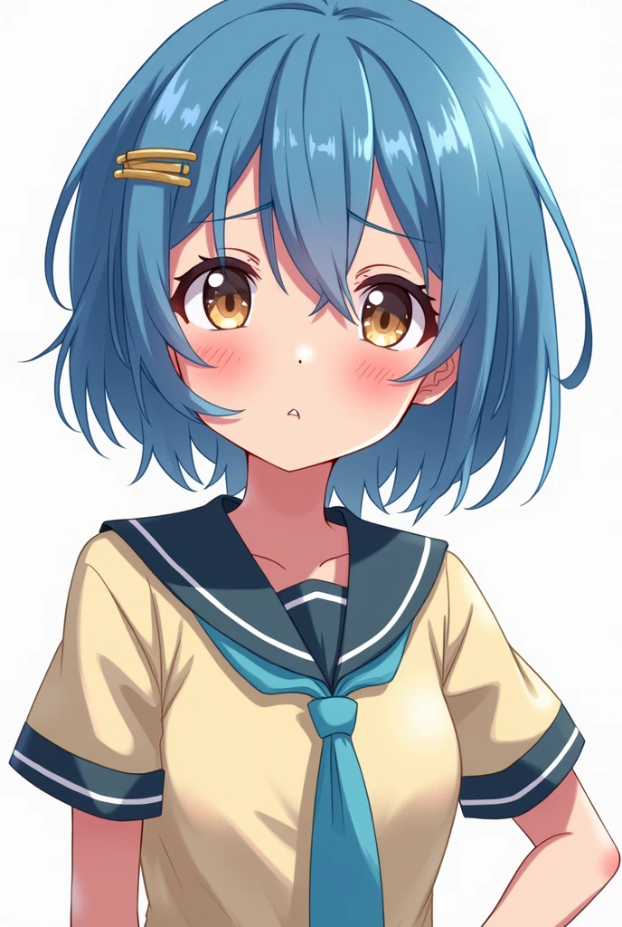 anime, Cartoon Rendering, figure,2D, 2D Digital Art,Fine contour lines,, sharp figures,break,(Small eyes;0.9), Female student, Boyish and cute, Shortcuts, Blue Hair, hairpin, Embarrassed face, high school girl