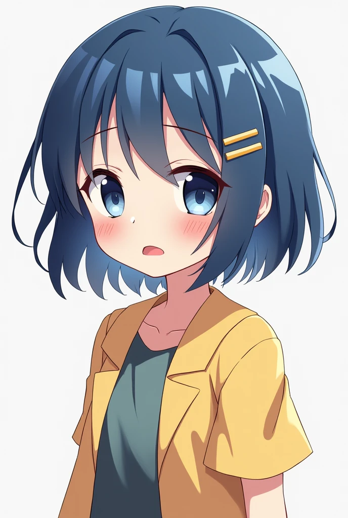 anime, Cartoon Rendering, figure,2D, 2D Digital Art,Fine contour lines,, sharp figures,break,(Small eyes;0.9), Female student,  Boyish and cute, Shortcuts, Blue Hair, hairpin, Embarrassed face, high school girl　