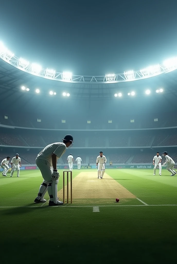Cricketers are playing cricket in football stadium