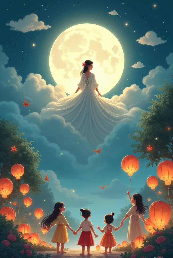 Chang&#39; E is in heaven as he watches children eating moon cake and playing in the candle lantern field