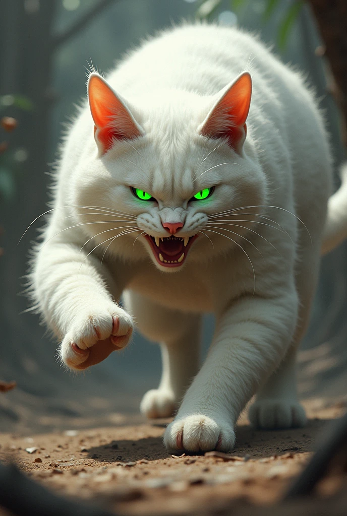 Suddenly, a larger white cat with fierce green eyes leaps into the scene. This is the kitten’s father—strong and protective. He positions himself between the Joker and the kitten, his fur bristling with anger.