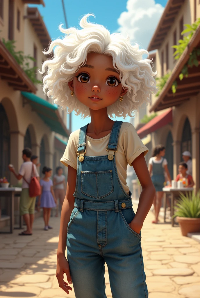 It's for a dungeons and dragons game Make a girl About Black, with curls and freckles You have white hair You wear overalls You are the daughter of the innkeeper You spend your time on the streets of the town