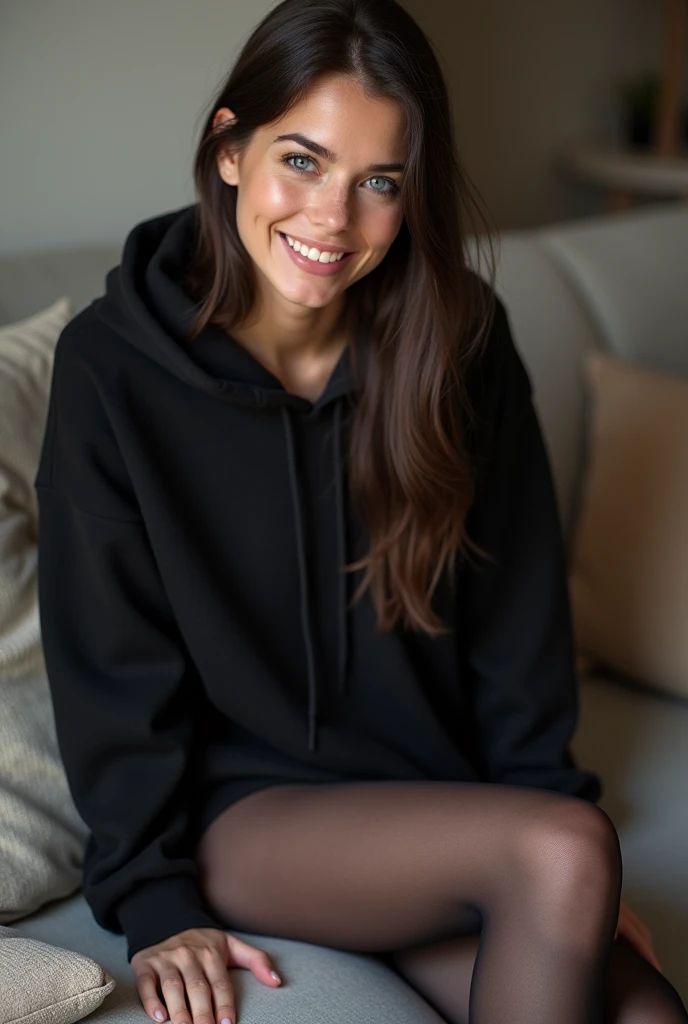 dark brown hair、straight hair、full body 、teaing smile、 she wears a black hoodie.、black pantyhose with white socks、adult german woman、blue eyes 、leaning on a couch、showing her legs and feet、young german woman、wide angle、 she has blue eyes.、