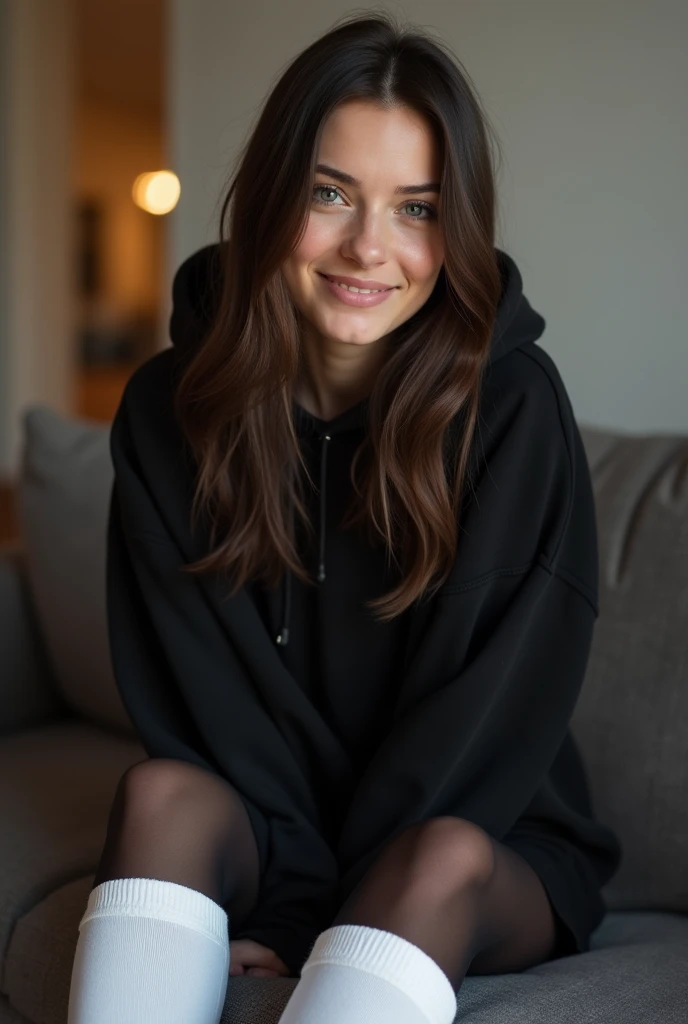 dark brown hair、straight hair、full body 、teaing smile、 she wears a black hoodie.、black pantyhose with white socks、adult german woman、blue eyes 、leaning on a couch、showing her legs and feet、young german woman、wide angle、 she has blue eyes.、